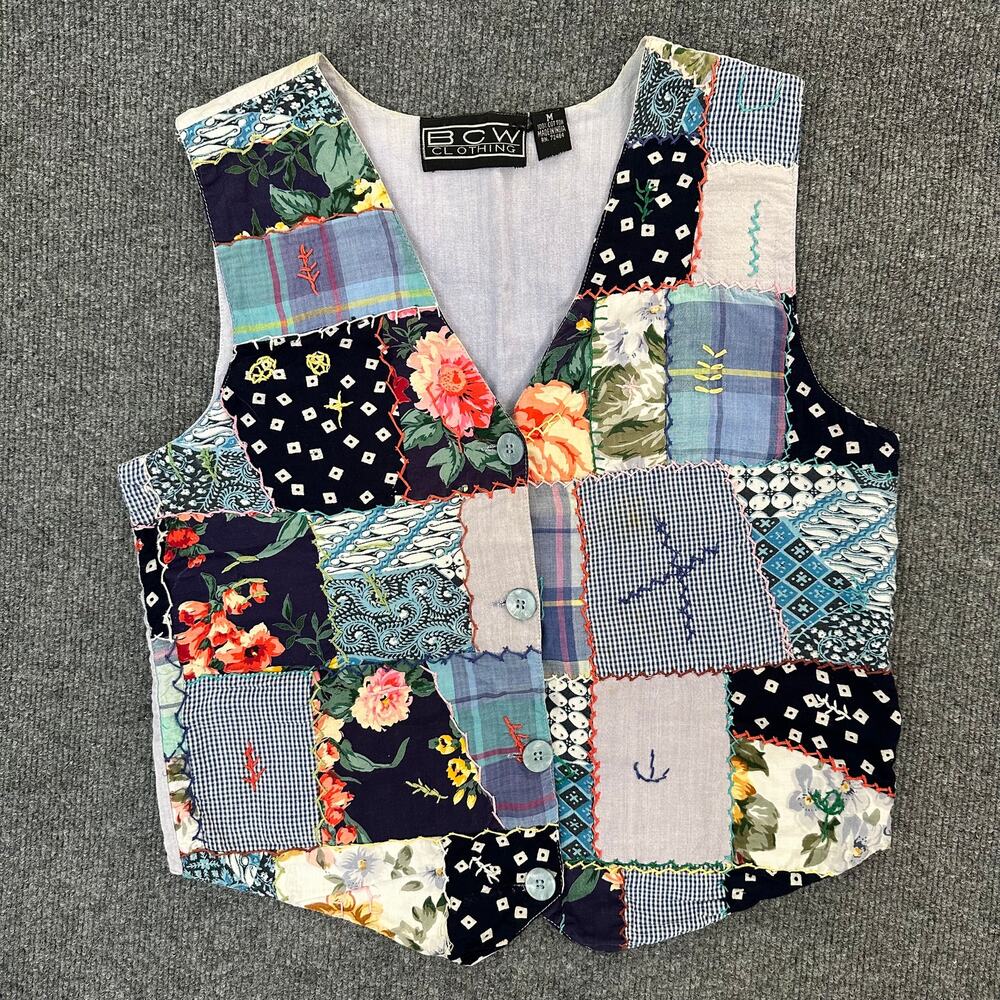 American Vintage Patchwork Floral Vest in Navy, Light Blue, Pink, Cream